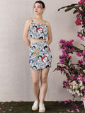 Berrylush White Graphic Printed Shoulder Straps Crop Top With Mini Skirt