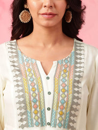 Anouk Off White Floral Embroidered Thread Work Pure Cotton A-Line Short Kurti