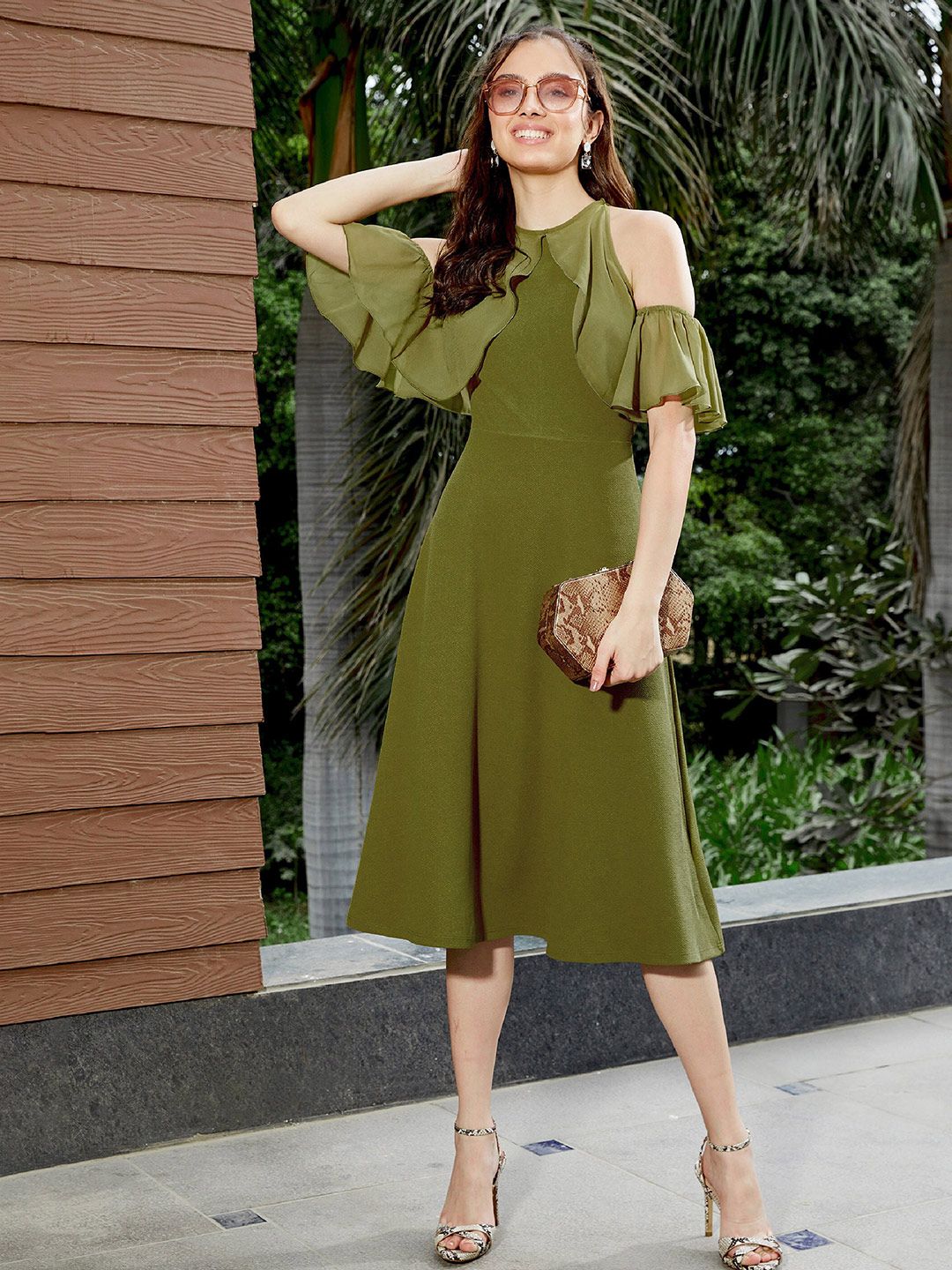 SASSAFRAS Cold-Shoulder Sleeves Ruffles A-Line Dress