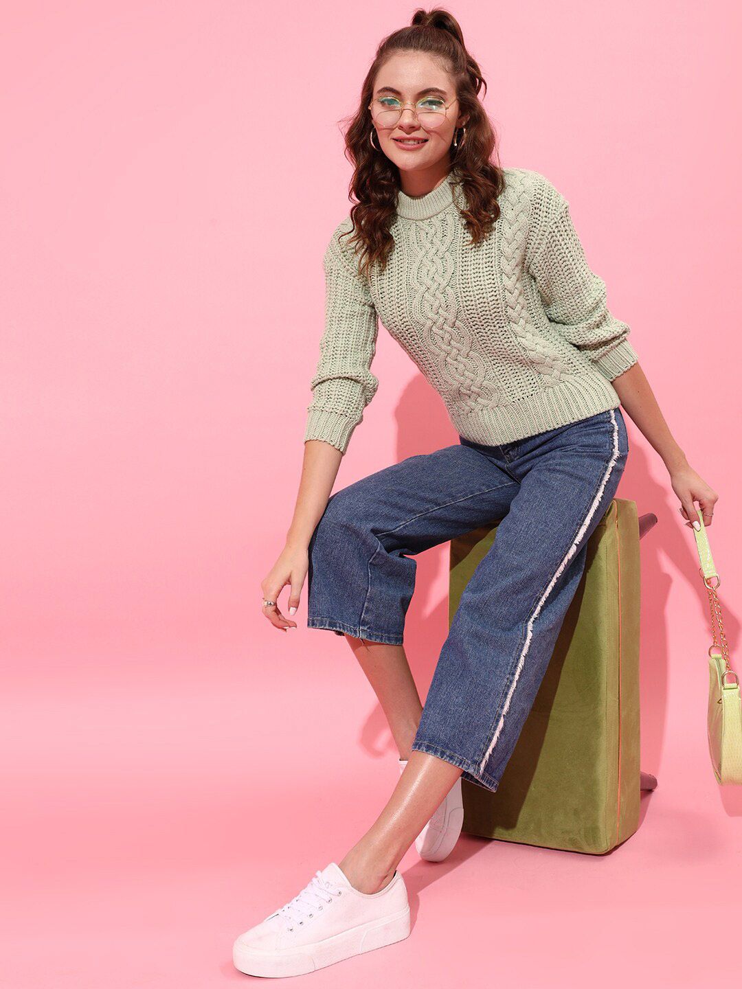 STREET 9 Women Green Acrylic Cable Knit Pullover Sweater