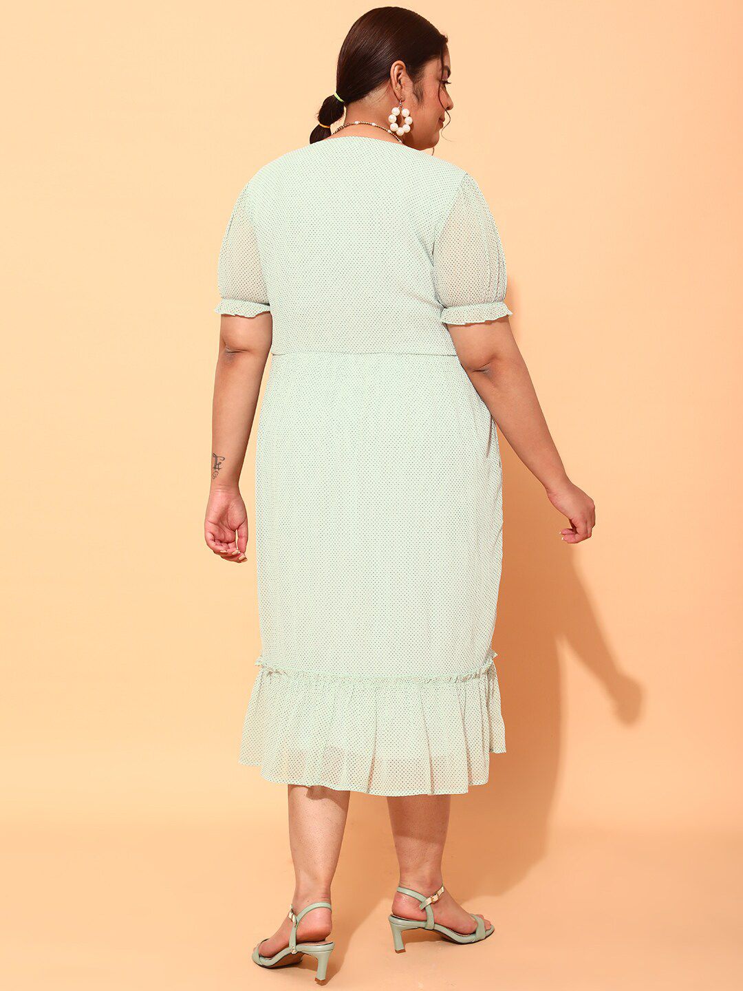 CURVY STREET Plus Size Sea Green & Black Polka Dot Printed Puff Sleeve A-Line Dress