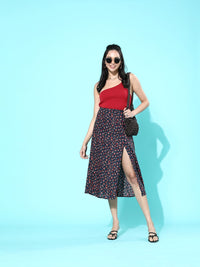 Berrylush Navy Blue Micro or Ditsy Floral Printed Polyester Crepe Casual Midi Flared Skirt