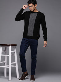 Raymond Men Black & Grey Colourblocked Pullover with Cable Knit Detail