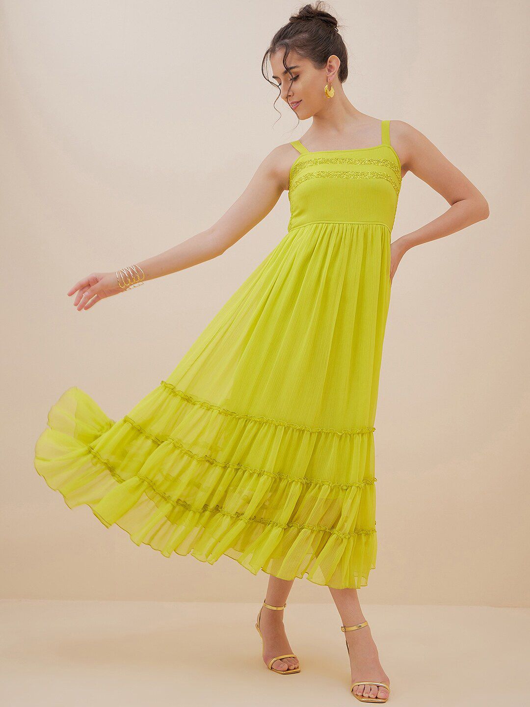 Antheaa Embellished Sequinned Tiered Chiffon Empire Midi Dress