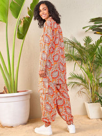 SASSAFRAS Orange Paisley Printed Shirt With Joggers Co-Ords