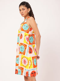 DressBerry Giggle & Glam Quirky Conversational Printed Halter Neck Tie Up Dress