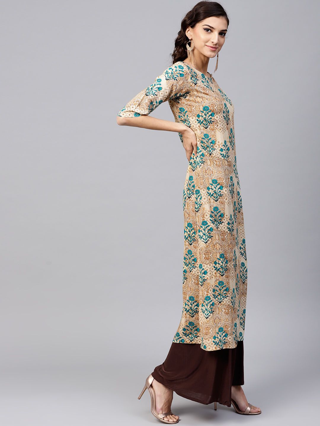 Gerua By Libas Women Beige Teal Green Printed Straight Kurta