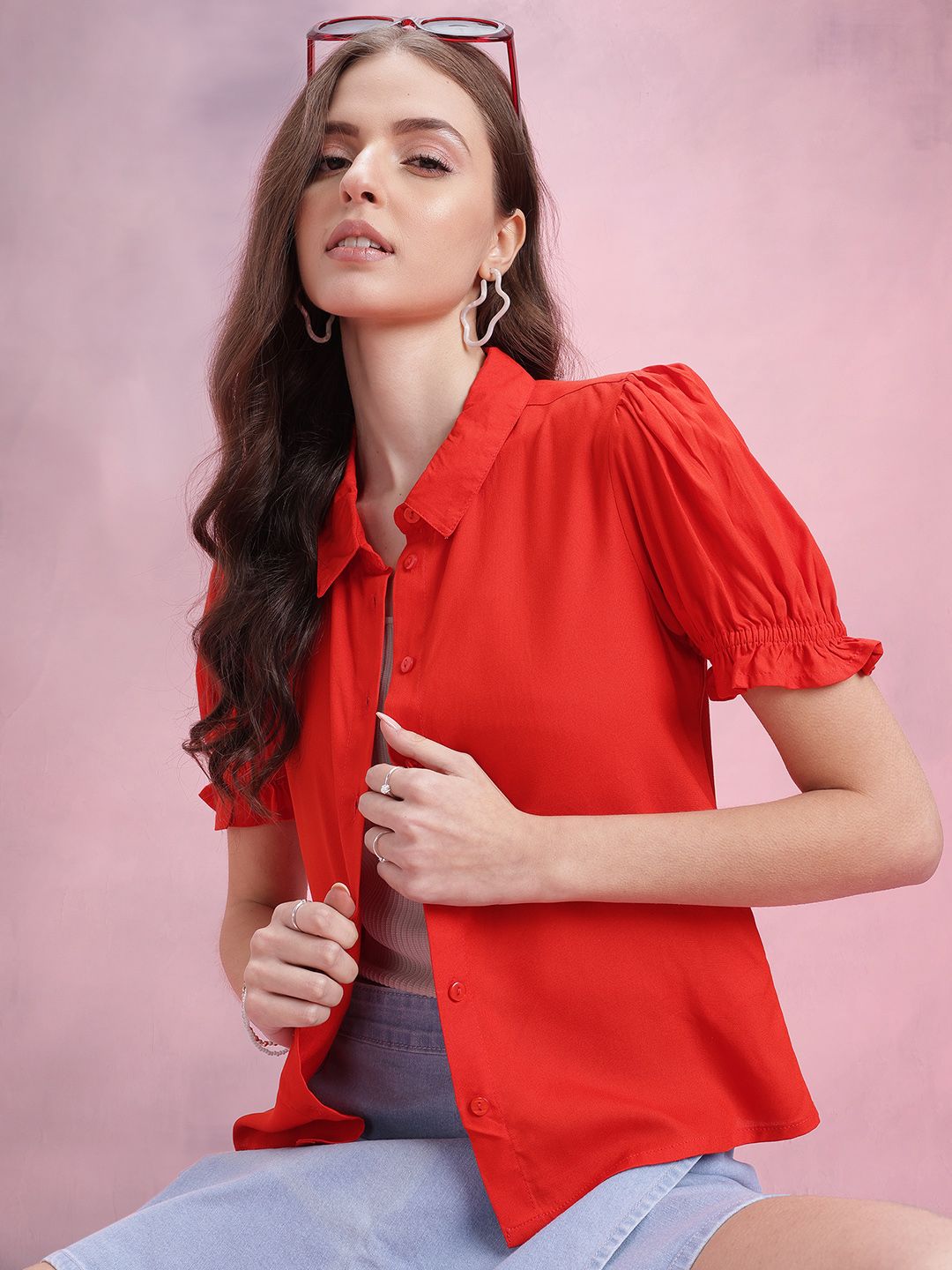 DressBerry Solid Puff Sleeves Casual Shirt