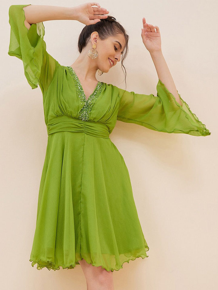 Antheaa Embelllished V-Neck Flared Sleeves Fit & Flare Dress