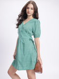 DressBerry Checked Chic Puff Sleeve Wrap Dress