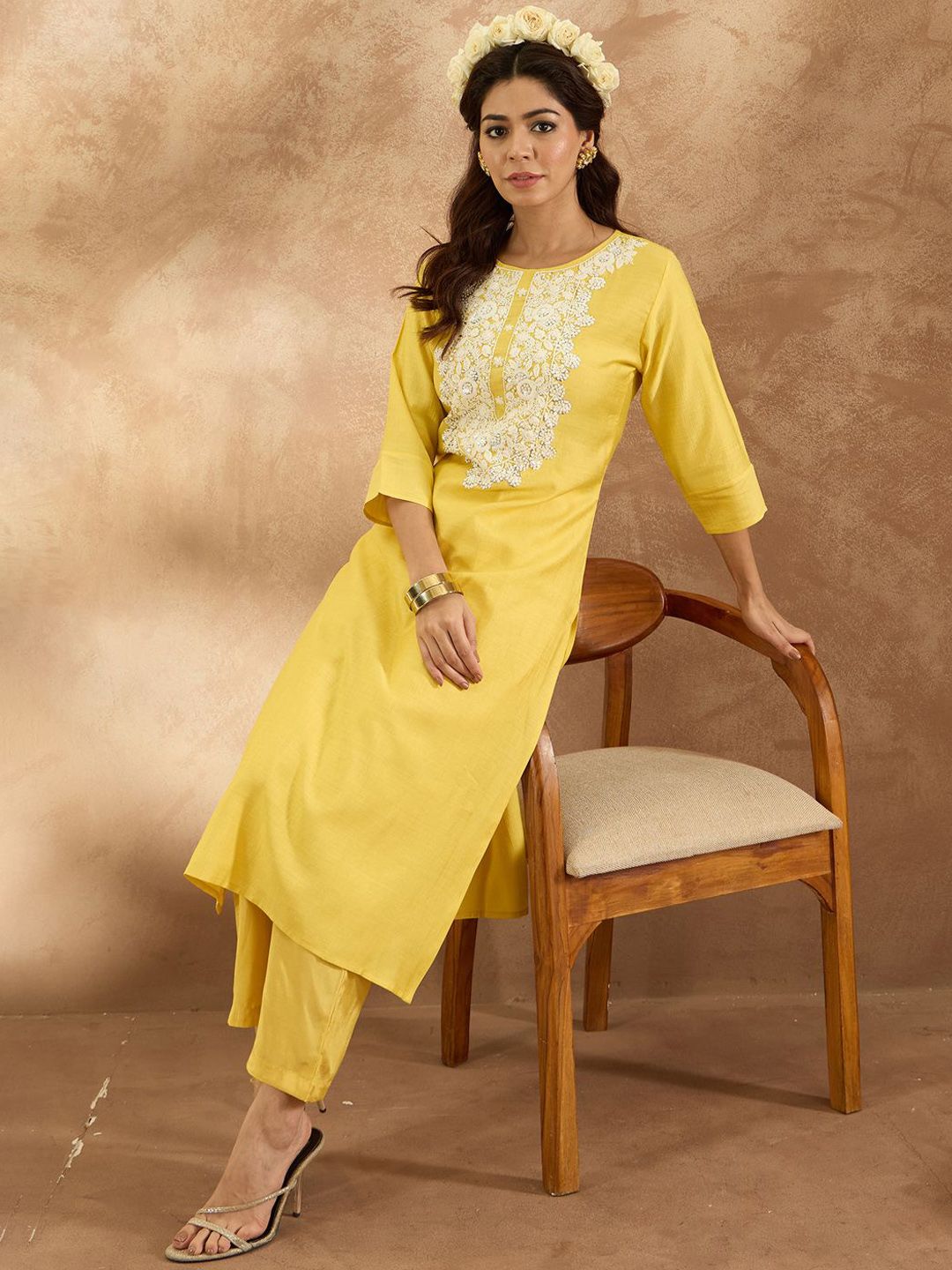 Indo Era Women Ethnic Motifs Embroidered Regular Thread Work Kurta with Trousers