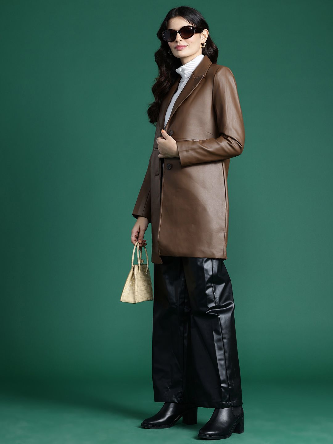 DressBerry Notched Lapel Collar Faux Leather Overcoat