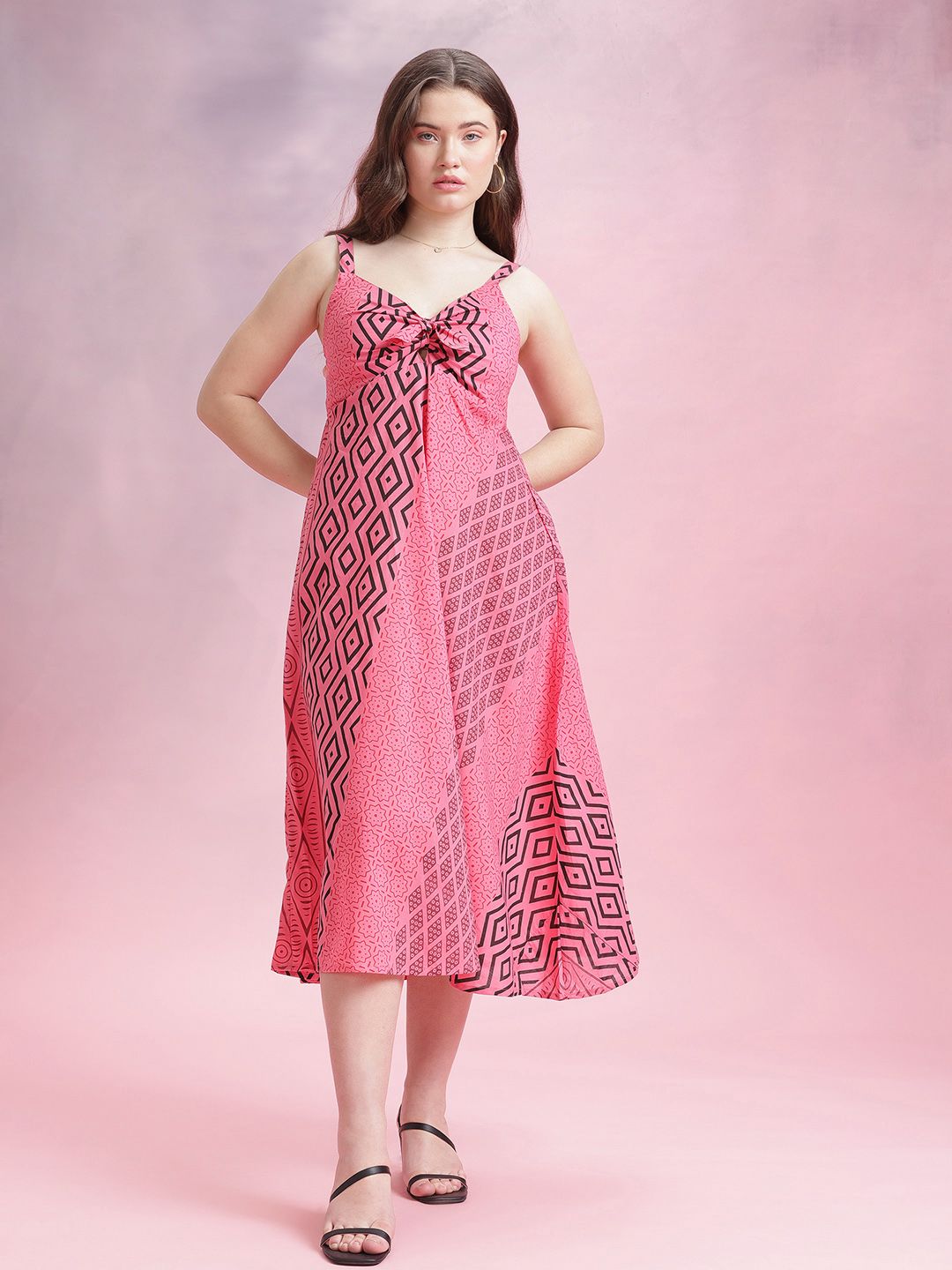 DressBerry Printed Pure Cotton Knot Detail A-Line Midi Dress