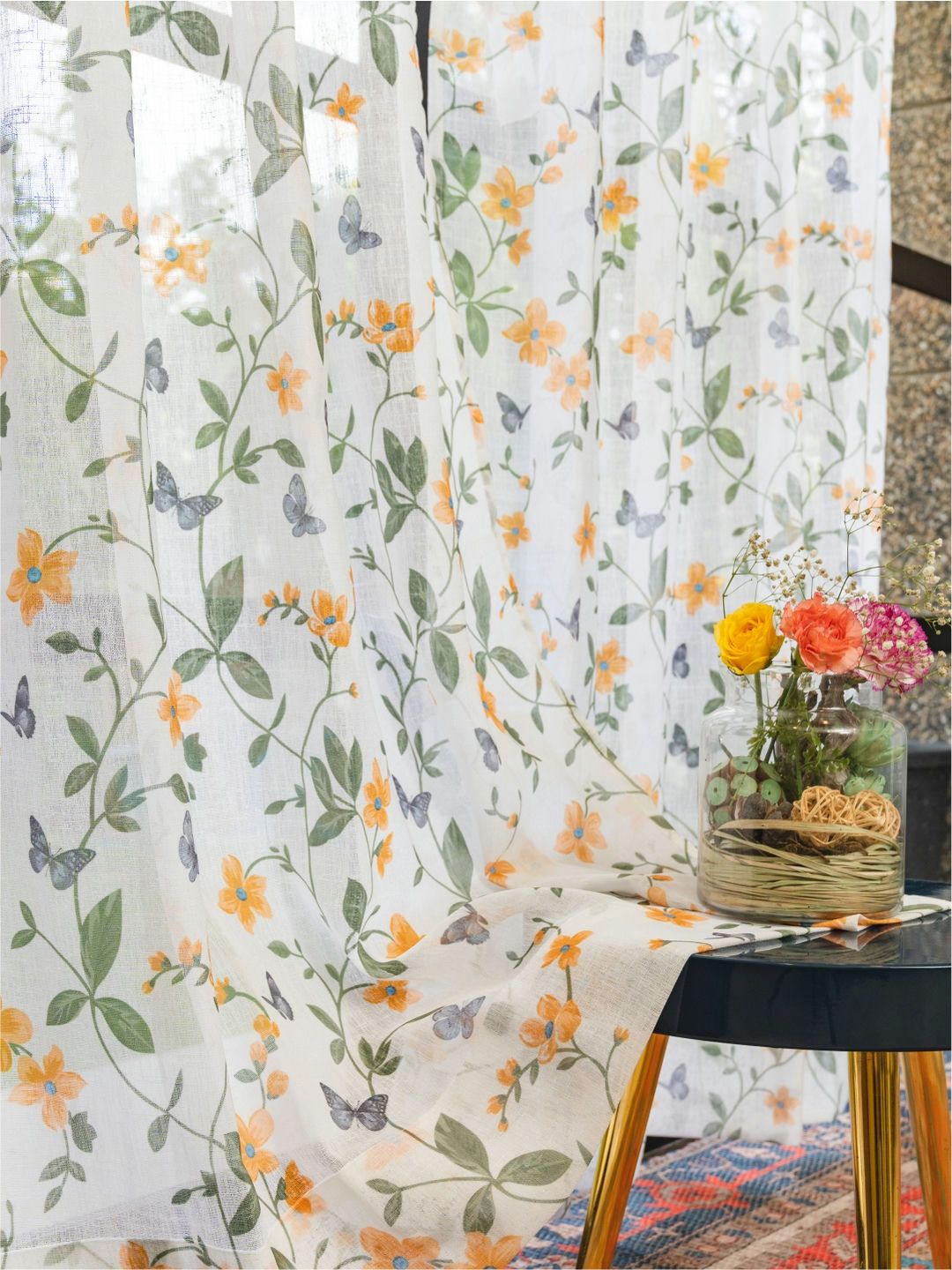 URBAN SPACE Yellow & White Set of 2 Floral Sheer Window Curtain