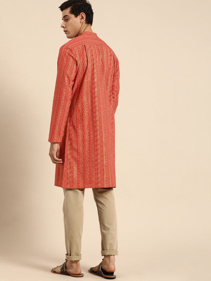 Anouk Men Orange & Gold-Toned Ethnic Motifs Printed Pure Cotton Kurta