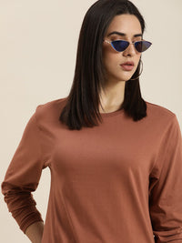 DILLINGER Women Brown Solid Cotton Oversized T-shirt