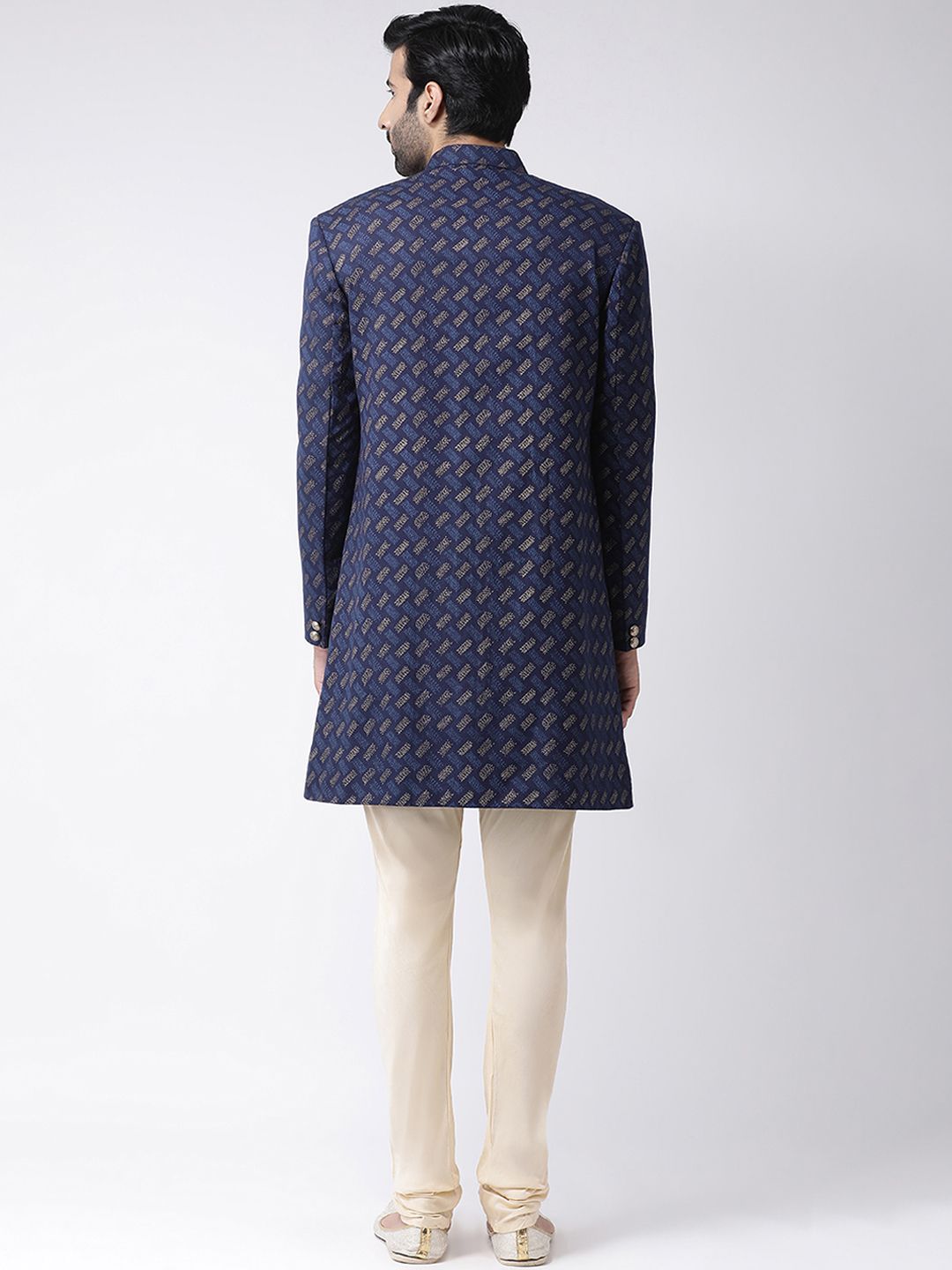 KISAH Men Navy Blue & Cream-Coloured Abstract Printed Indowestern Sherwani Set