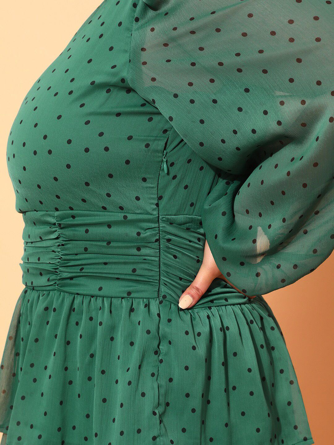 CURVY STREET Plus Size Green & Black Polka Dot Printed Puff Sleeves Fit & Flare Dress
