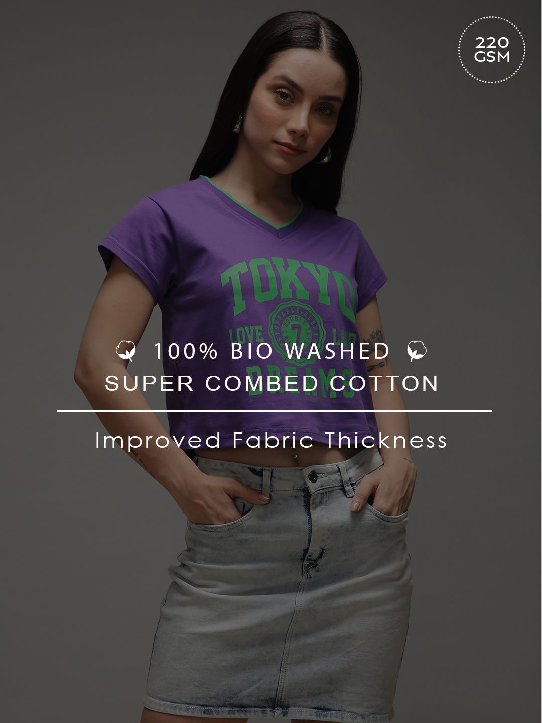 DILLINGER Women Regular Fit Cropped V-Neck Varsity Printed Tshirt