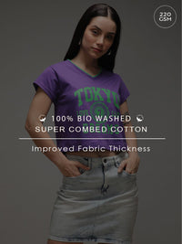 DILLINGER Women Regular Fit Cropped V-Neck Varsity Printed Tshirt