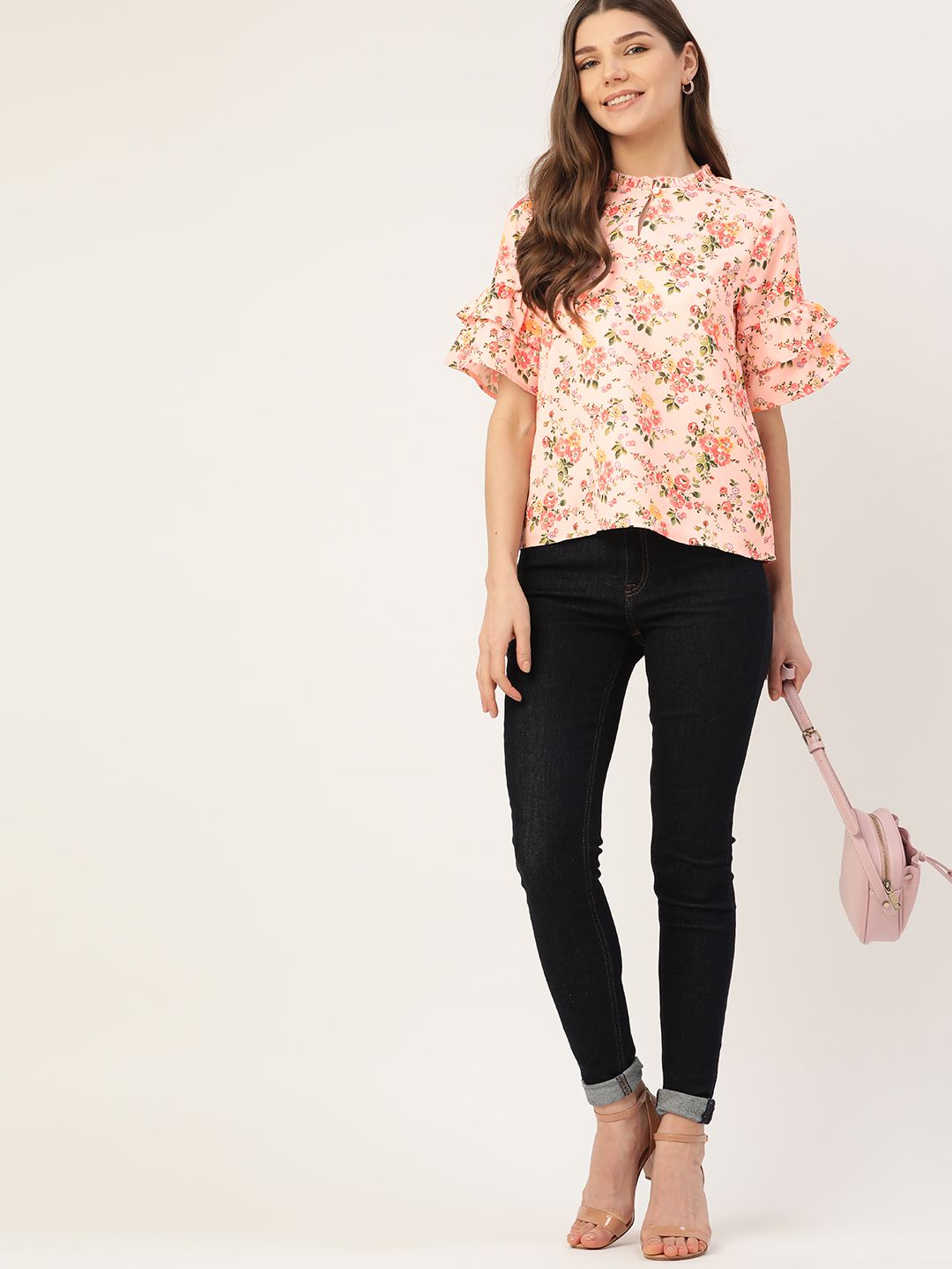DressBerry Peach-coloured & Green Floral Printed Keyhole Neck Flared Sleeves Regular Top