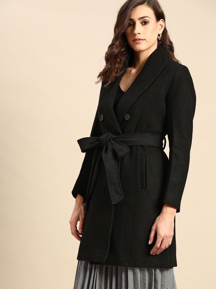 all about you Luxe Collection Women Black Solid Double Breasted Longline Trench Coat