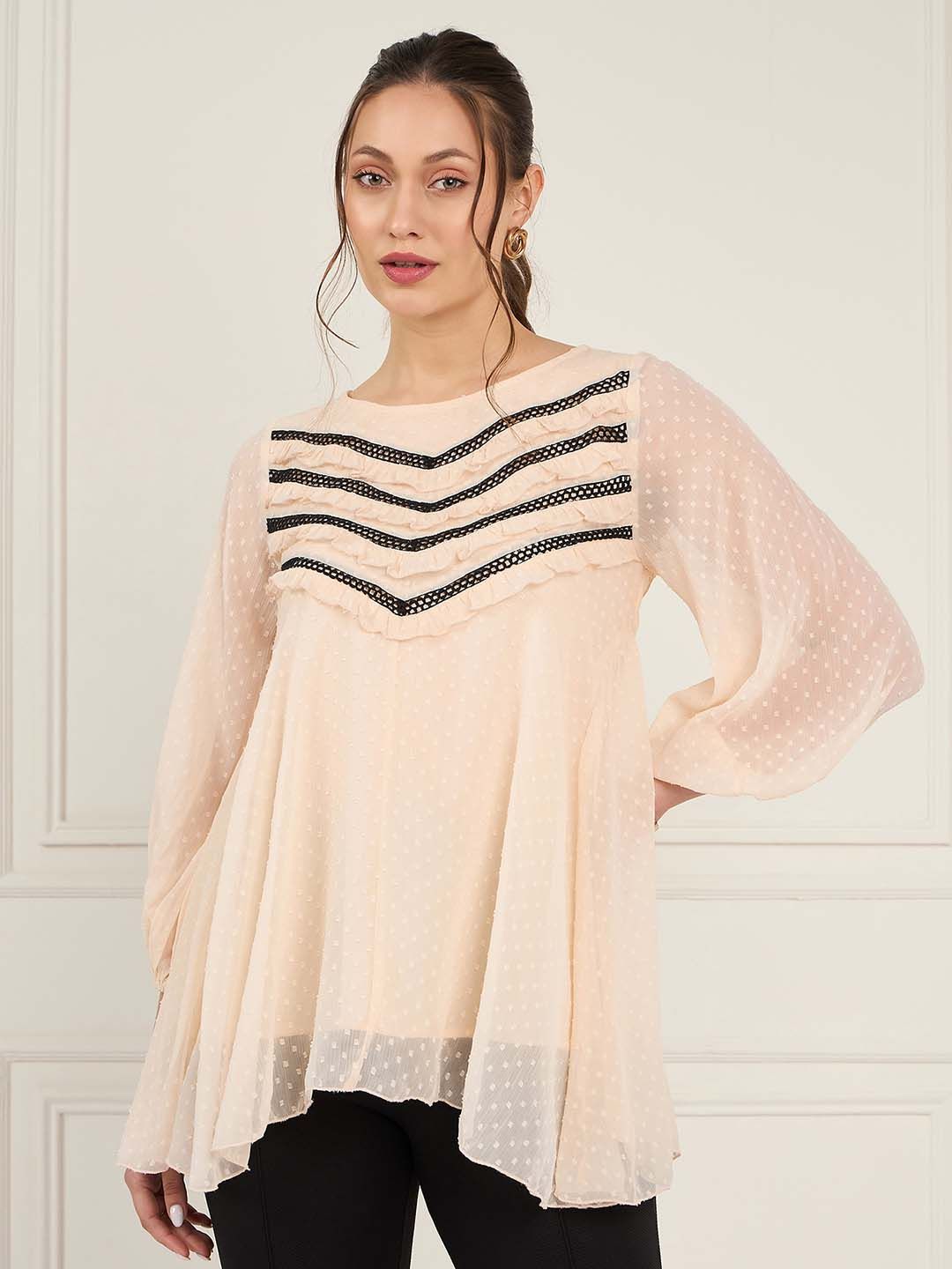 Antheaa Peach-Coloured Self Design Cuffed Sleeves Lace Inserts Chiffon A-Line Top