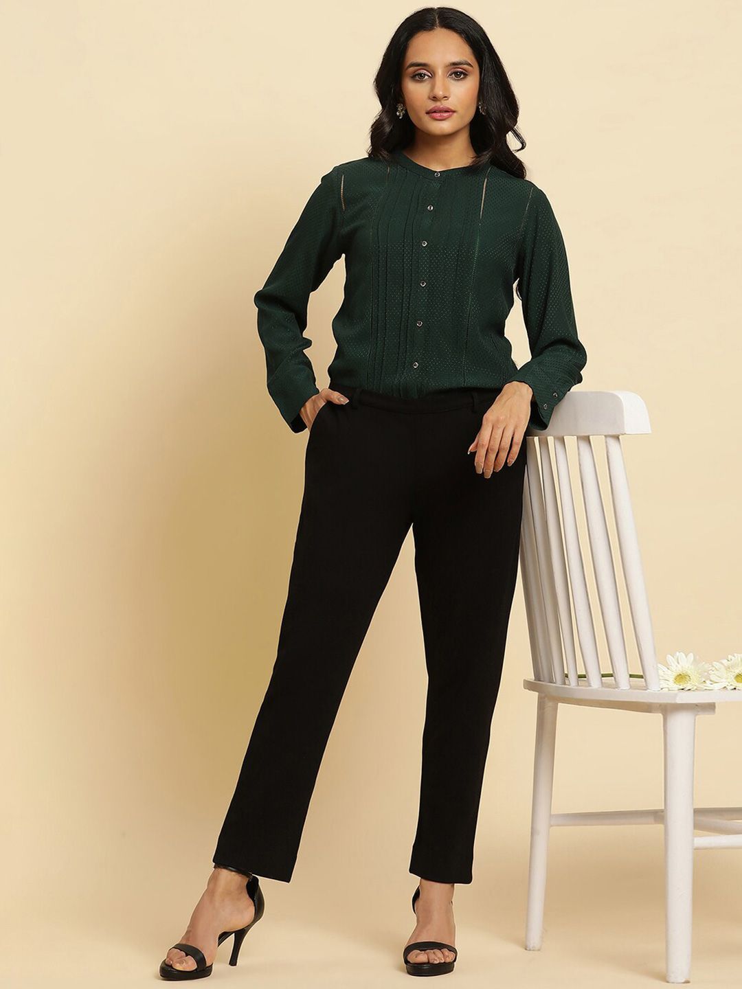 W Green Self Design Mandarin Collar Gathered or Pleated Shirt Style Top