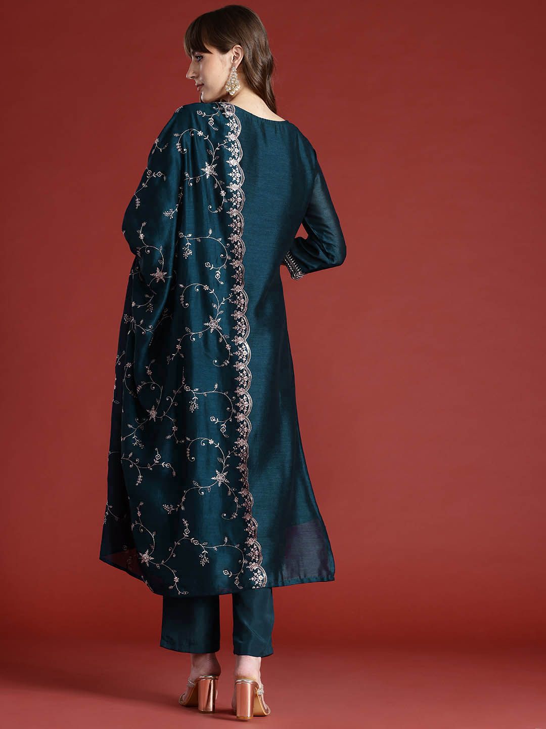 Indo Era Floral Embroidered Sequinned Kurta with Trousers & With Dupatta