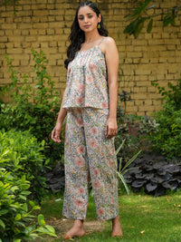 SANSKRUTIHOMES Green & Peach-Coloured Floral Printed Pure Cotton Night Suit