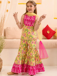 pspeaches Girls Floral Printed Pure Cotton Kurta With Sharara & With Dupatta