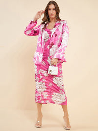Antheaa Pink Floral Printed Shoulder Straps Gathered Ruched Sheath Midi Dress & Blazer