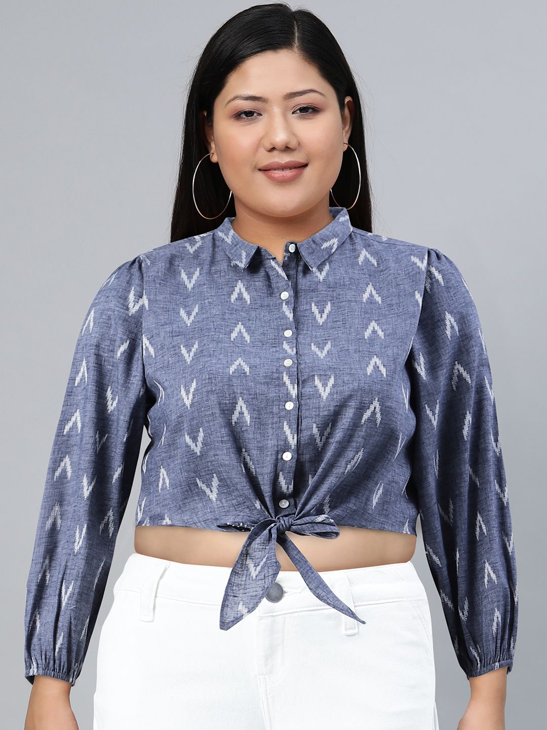 Global Desi Geometric Printed Shirt Style Waist Tie Up Pure Cotton Crop Top