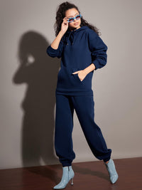SASSAFRAS Women Navy Blue Relaxed Fit Mid-Rise Fleece Joggers