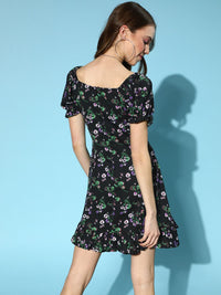 Berrylush Women Stylish Black Floral Tiered Dress