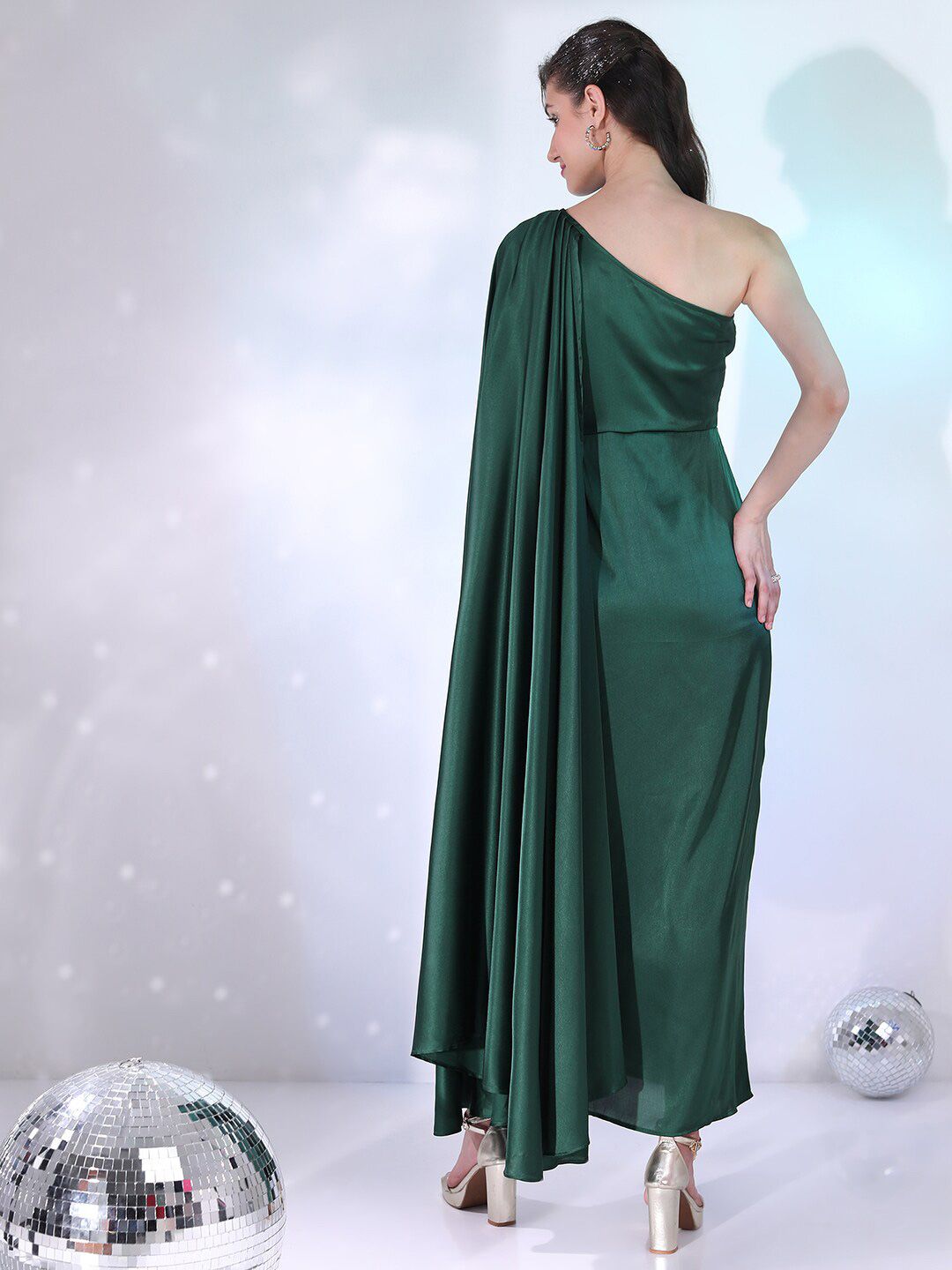 Tokyo Talkies Green One Shoulder Gathered Or Pleated Satin Wrap Hem Maxi Dress