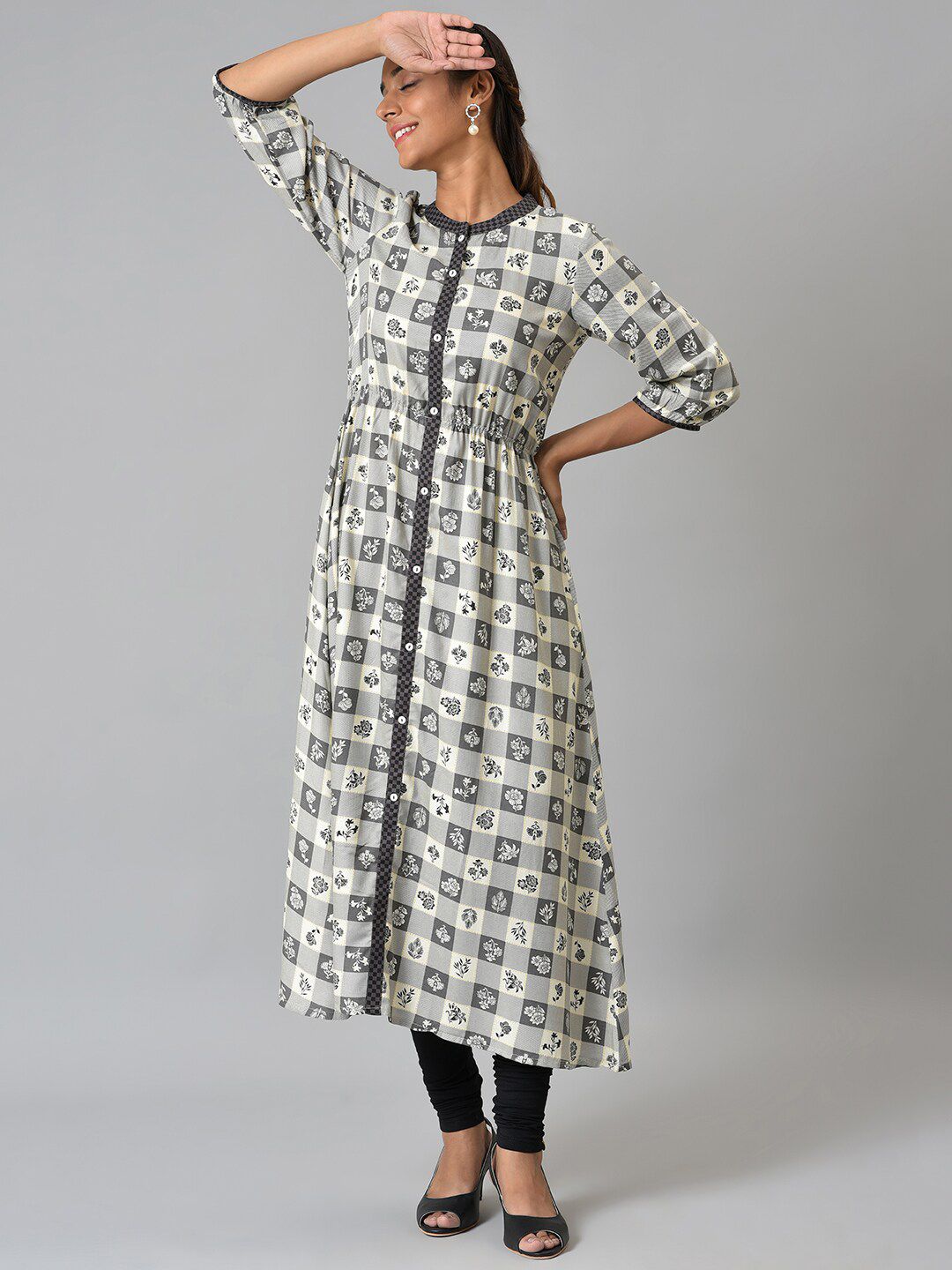 AURELIA Women Grey Ethnic Motifs Printed Anarkali Kurta