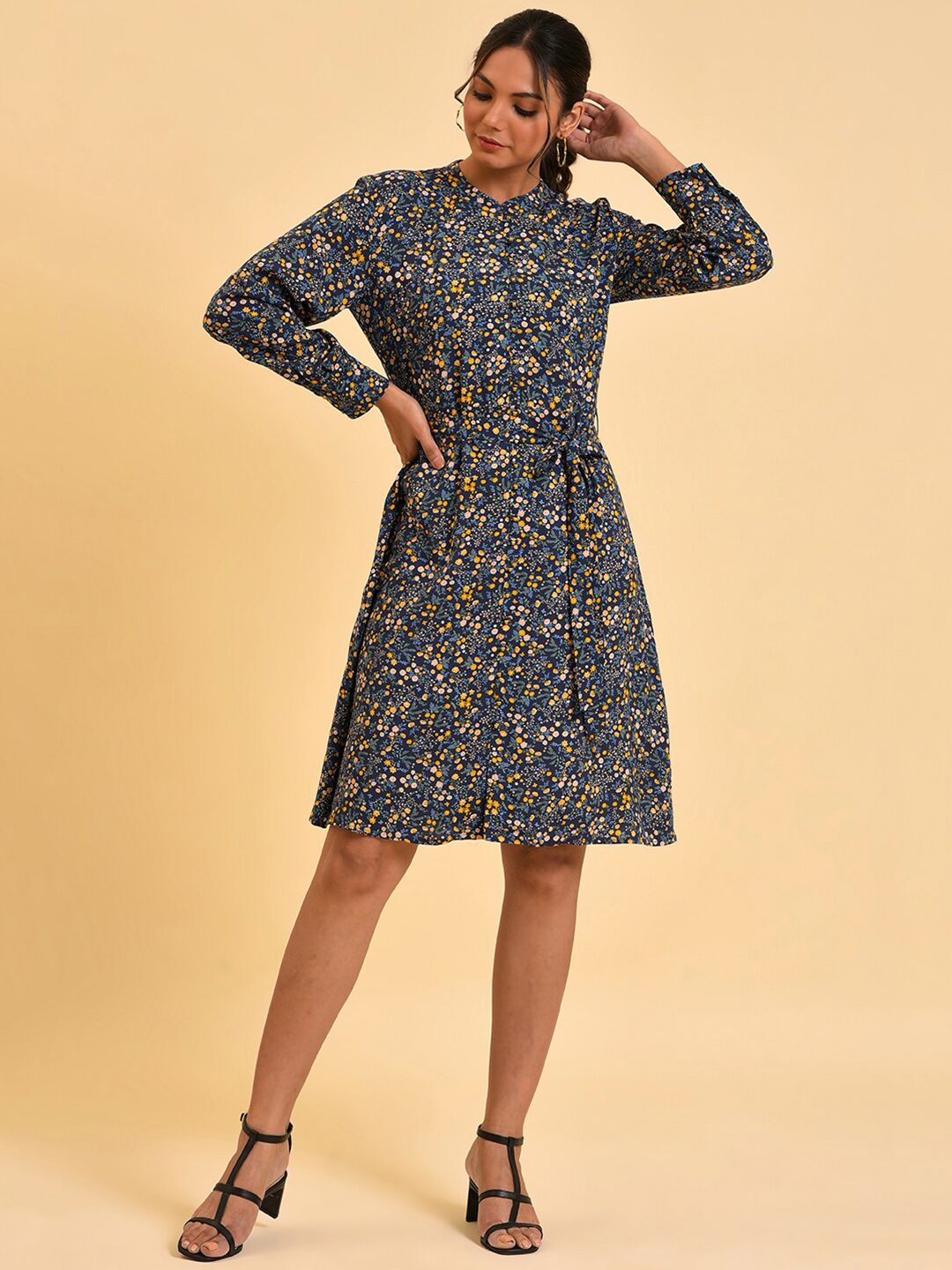 W Blue Floral Printed A-Line Dress With Belt