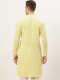 Jompers Men Yellow Thread Work Embroidered Chikankari Kurta
