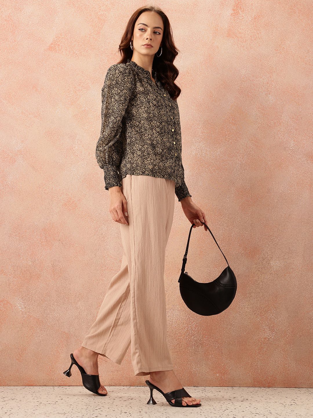 all about you Floral Print Ruffles Detail Georgette Semi-Sheer Button-Down Shirt-Style Top