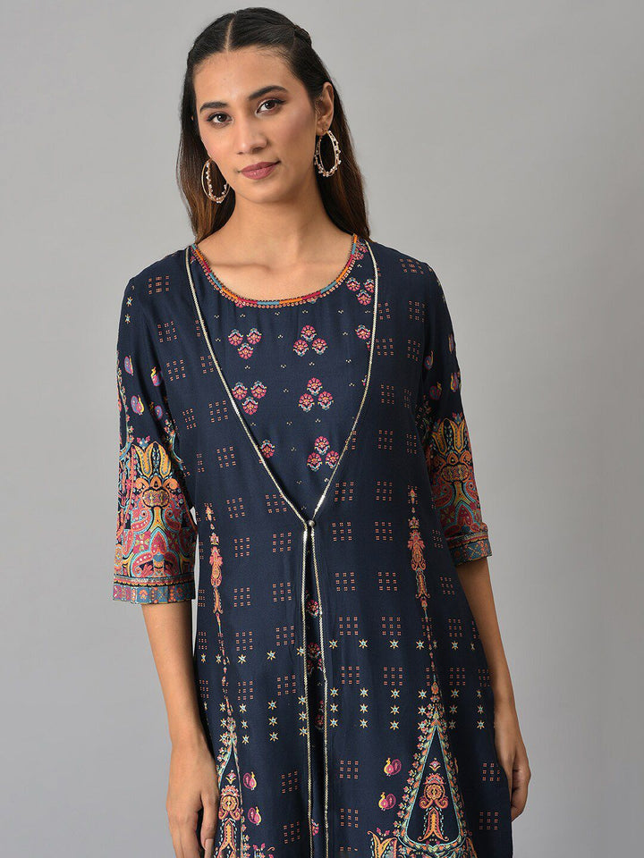 W Blue Ethnic Motifs Layered Ethnic Maxi Dress