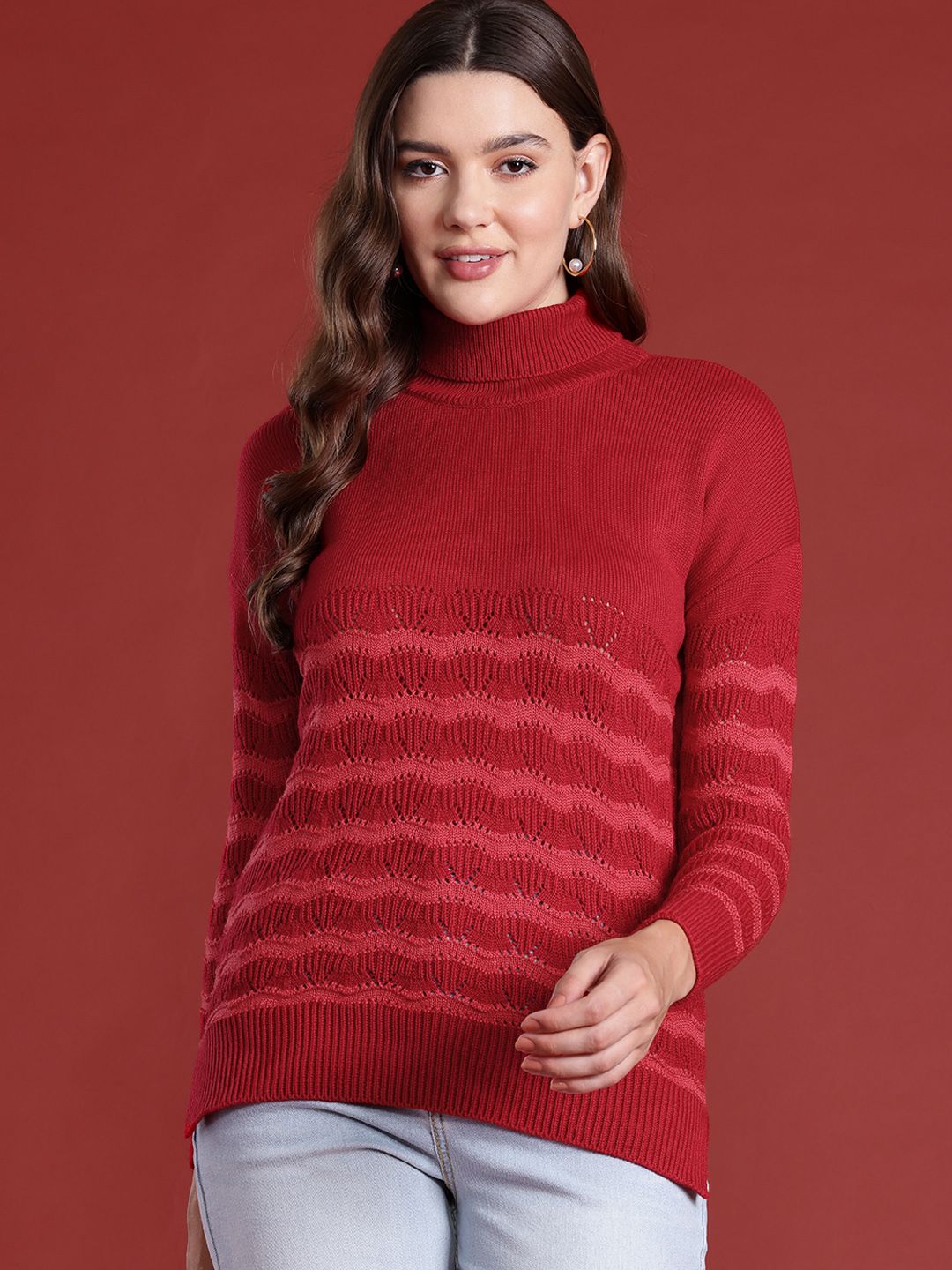 all about you Acrylic Open Knit Striped Pullover