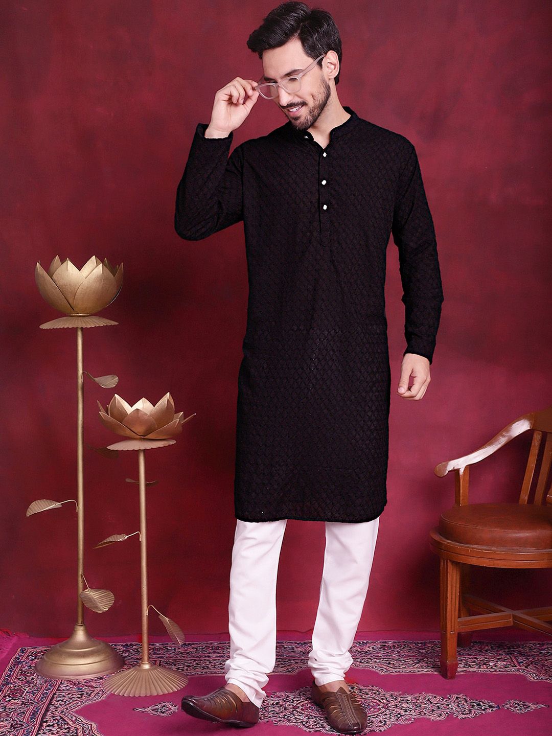 Jompers Geometric Embroidered Band Collar Pure Cotton Chikankari Straight Kurta
