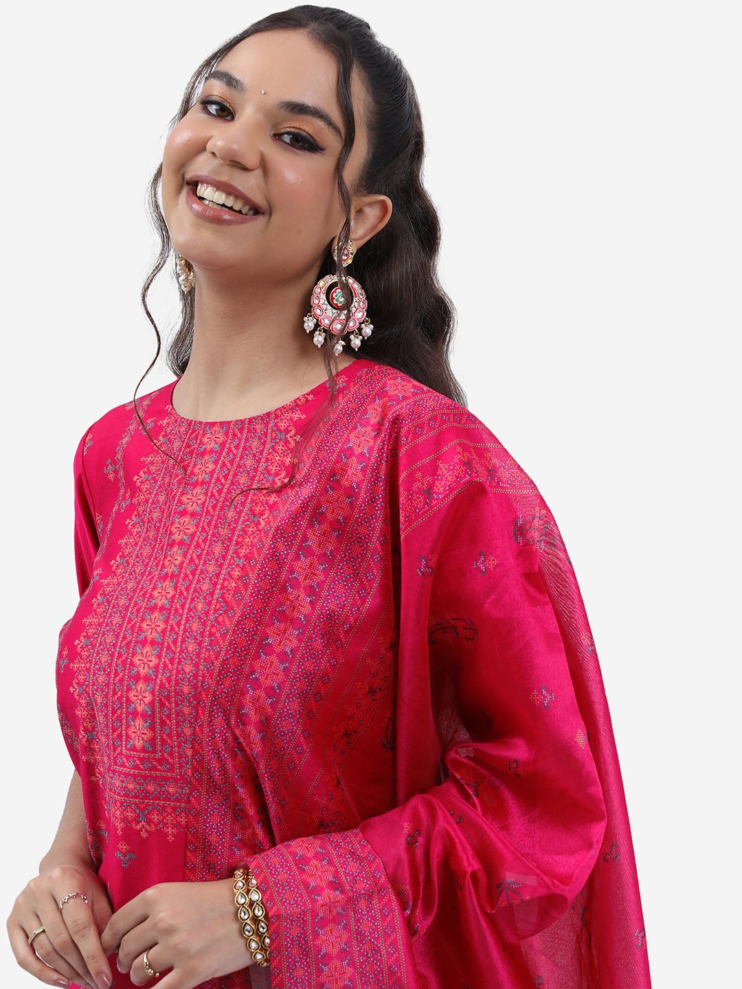 Vishudh Pink & Blue Ethnic Motifs Printed Straight Kurta with Trousers & With Dupatta