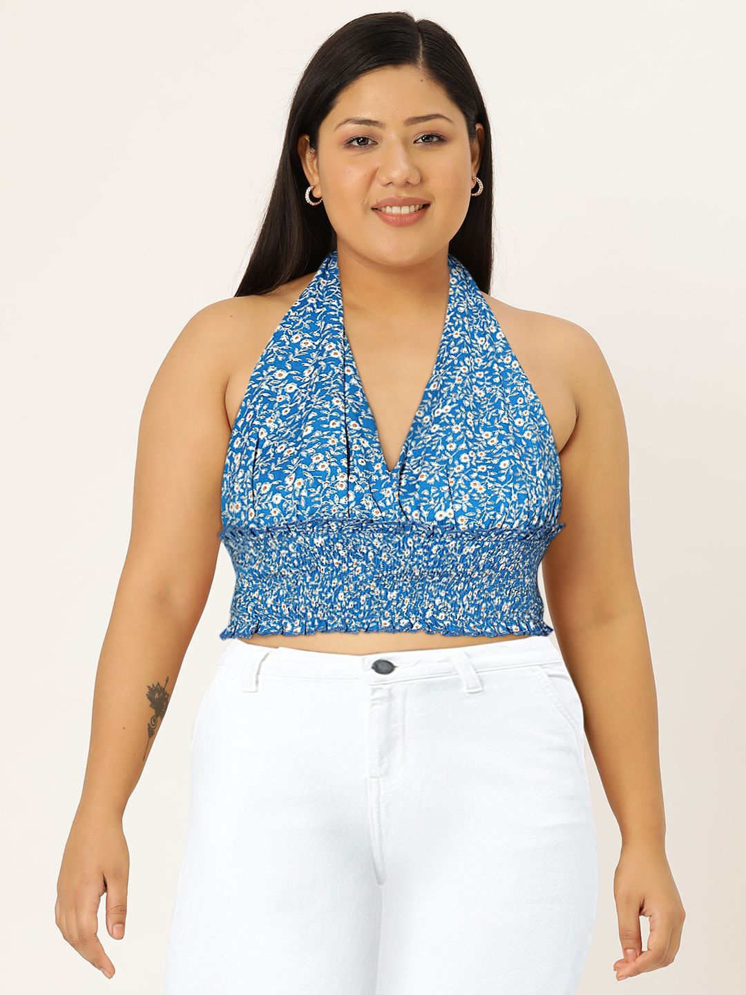 Berrylush Floral Print Halter Neck Crepe Crop Top