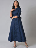 W Women Mandarin Collar Maxi Pure Cotton Dress With Fabric Belt
