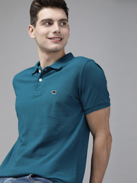 THE BEAR HOUSE Men Teal Blue Polo Collar Slim Fit Cotton Pure Cotton T-shirt
