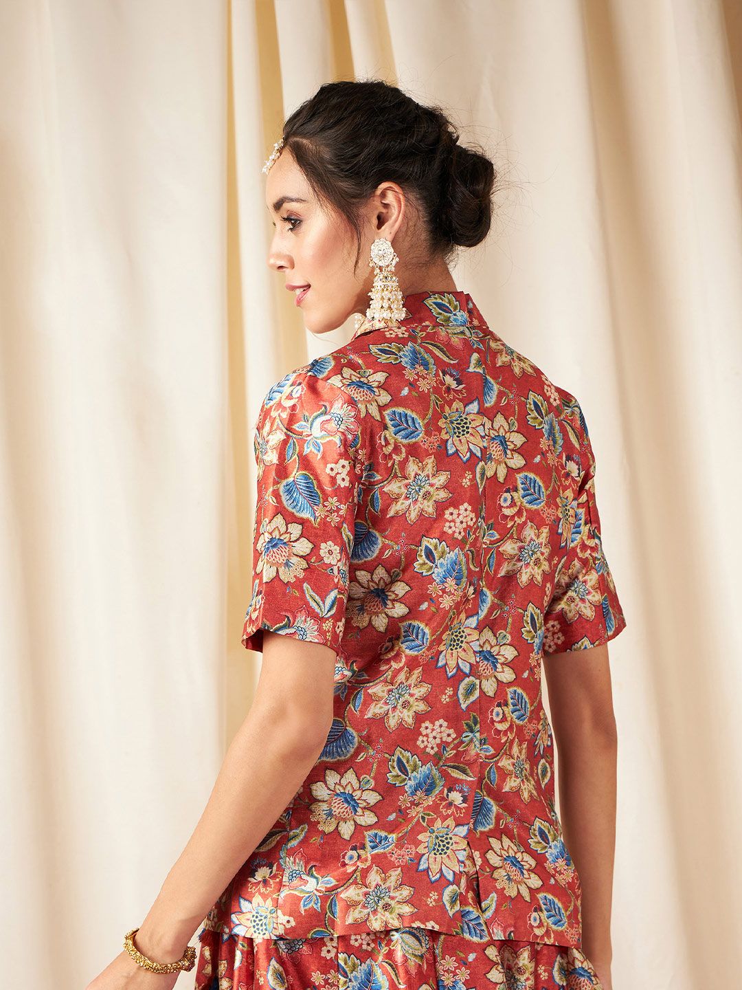 Shae by SASSAFRAS Women Rust Orange Floral Printed Single Breasted Blazer