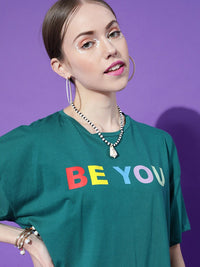 STREET 9 Women Green Typography Drop-Shoulder Pure Cotton T-shirt