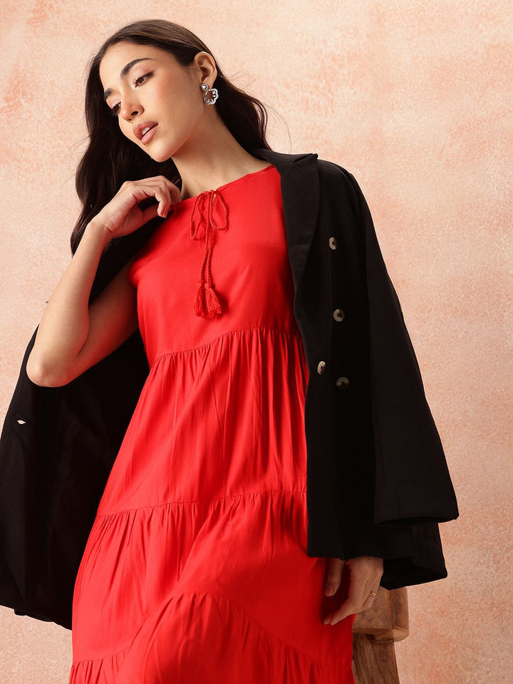 all about you Tie-Up Neck A-Line Tiered Midi Dress